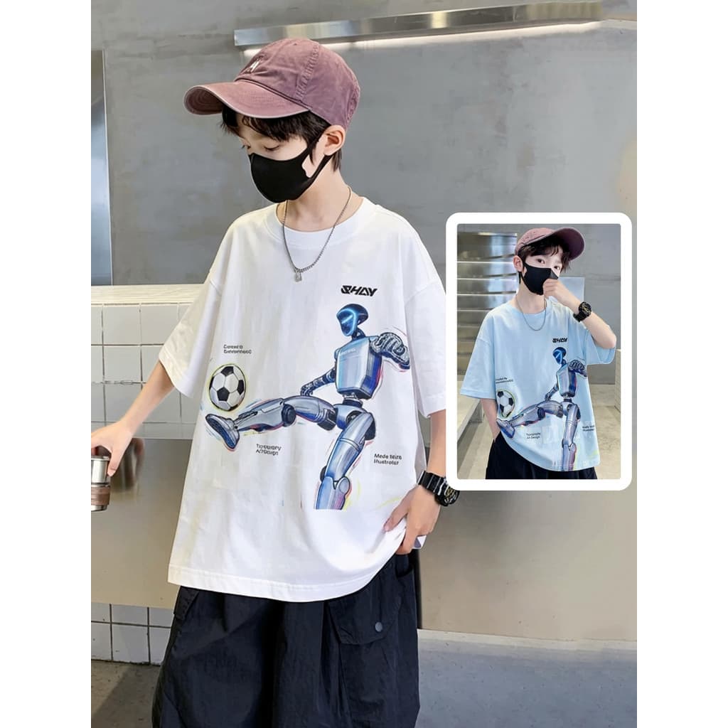 2026 verão novo estilo meninos camiseta de manga curta legal robô impressão solta Casual meia manga topo fino t