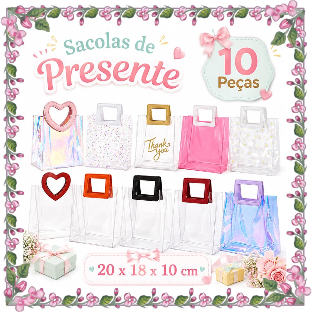 20 x 18 x 10 cm, 10 Sacolas em PVC para Presentes com Alças, Reutilizáveis para Compras e Celebrações