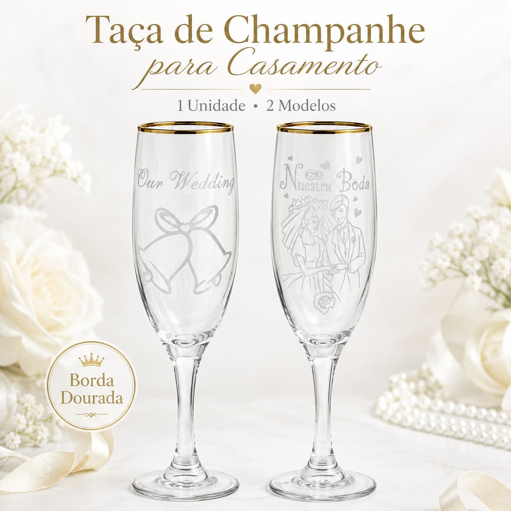 Taça de Champanhe para Casamento 6 oz em Vidro com Borda Dourada, Taça de Espumante Decorada 1 Unidade