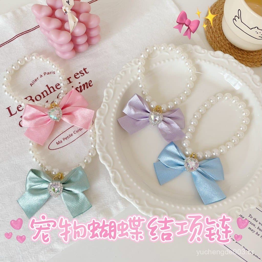 Colar de Pérolas para Gatos e Cães de Estimação, Coleira Fofa com Laço e Diamantes para Cães Pequenos e Médios, Decoraçã