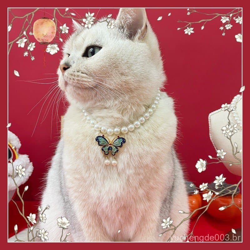 Colar Ajustável para Gato e Cão com Coroa de Fênix Antiga, Borboleta e Pérola, Coleira Alemã 7.21 MUXG