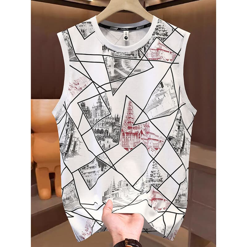 Seda gelo impresso Street Wear camiseta masculina verão em torno do pescoço sem mangas moletom 2025 novo estilo moda Cas