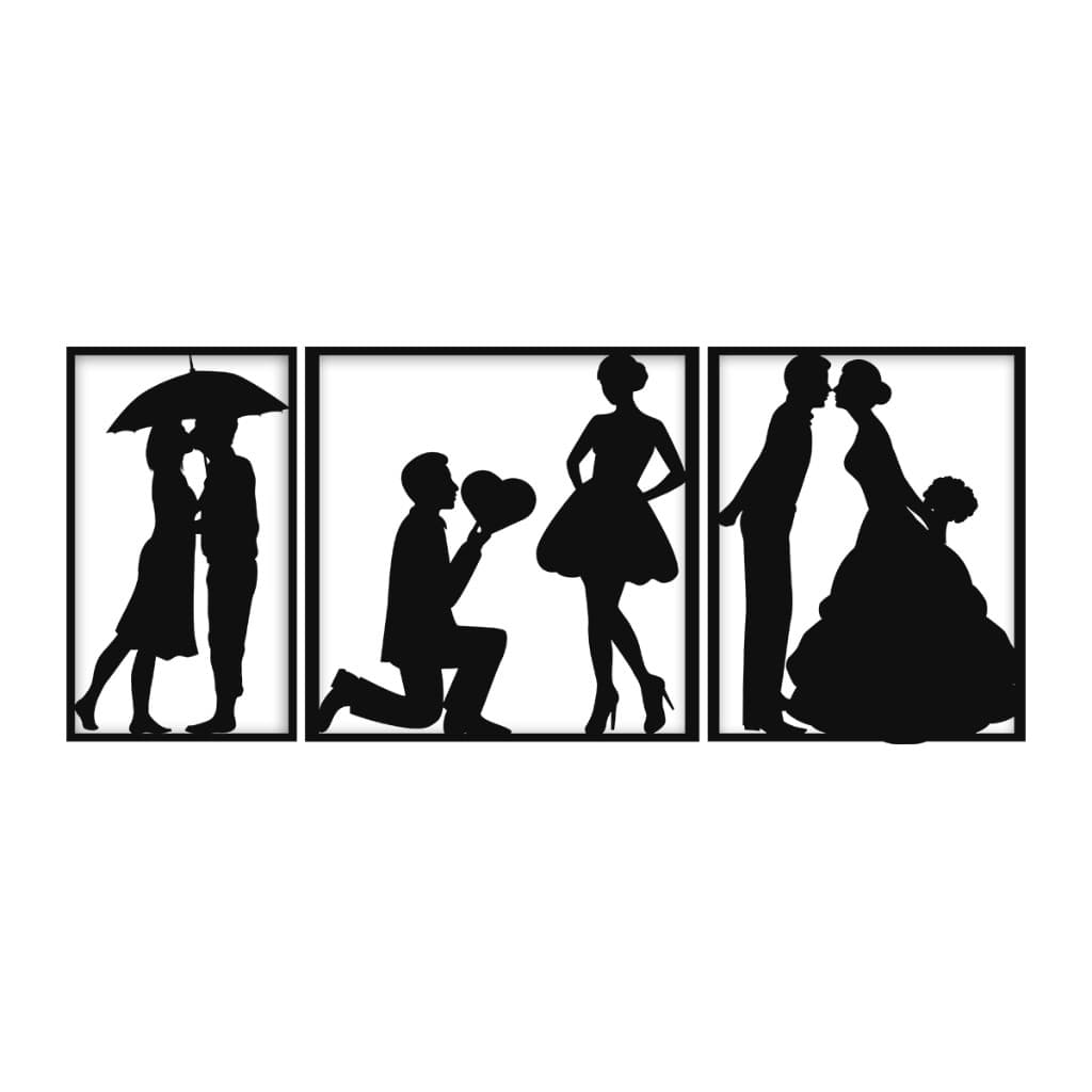 Kit 3 Quadros Casal Romântico MDF 3mm Preto Amor e Romance