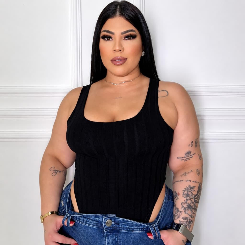Body Feminino Regata Canelado Cavado Gola Quadrada M-G 38-42 G1-G2 46-52 Slim Plus Size Moda Casual para Looks