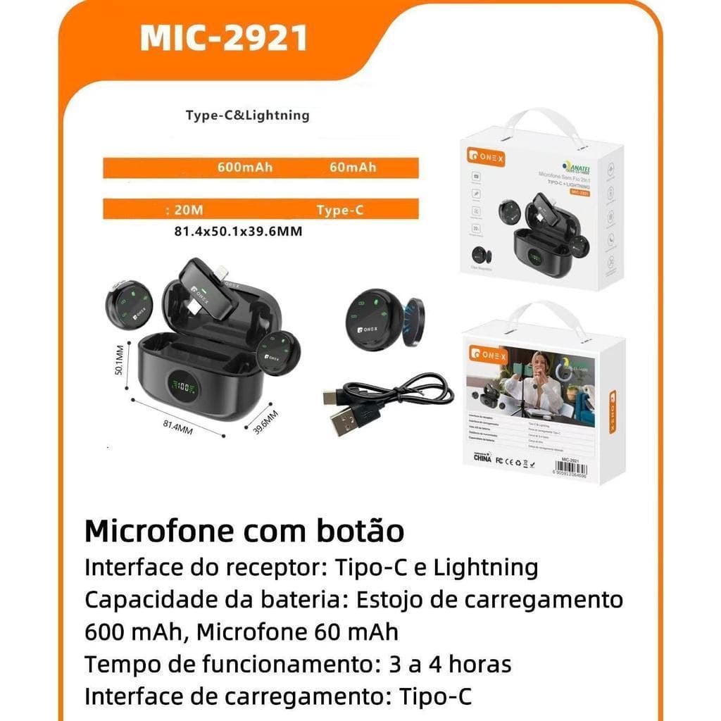 Microfone Sem Fio Lapela Magnetico 2 in 1 Type C e Lightning