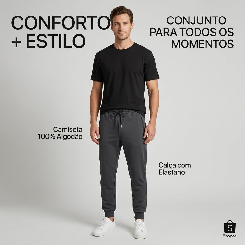 Kit Conjunto Masculino Camiseta 100% Algodão + Calça Jogger com Elastano Casual Esportivo Premium