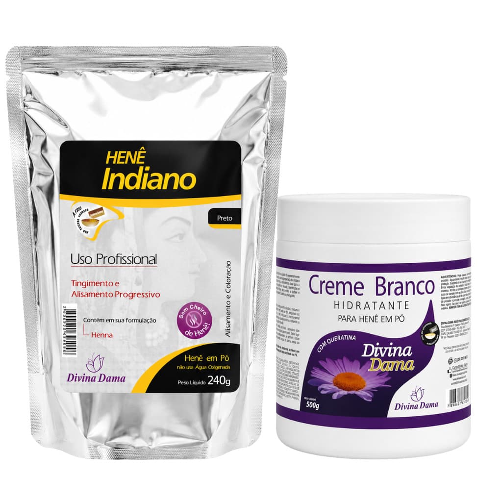 Henê Pó Indiano Divina Dama 240g + Creme Branco 500g Preto