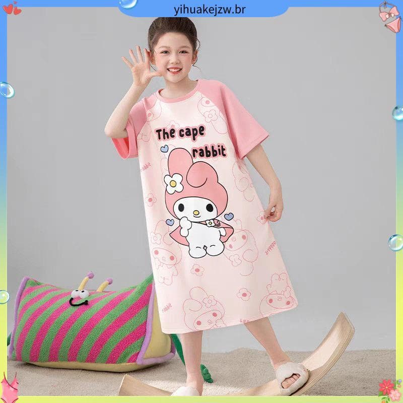 Verão dos desenhos animados Kuromi pijamas fino de manga curta em torno do pescoço pai-filho camisola pequeno médio gran