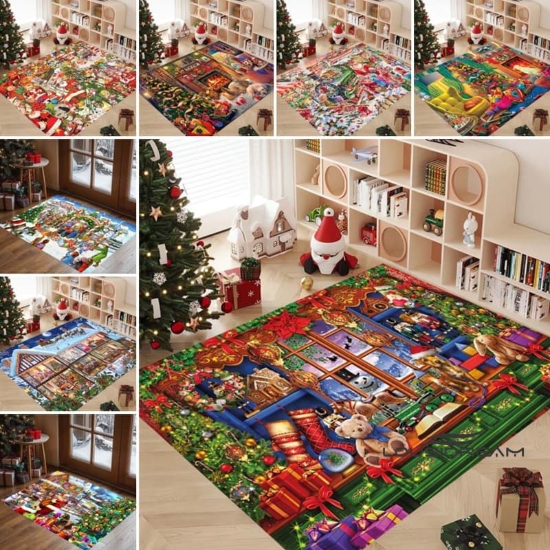 Tapete decorativo com tema de Papai Noel adequado para tapetes de tamanho grande de quarto e sala de estar.