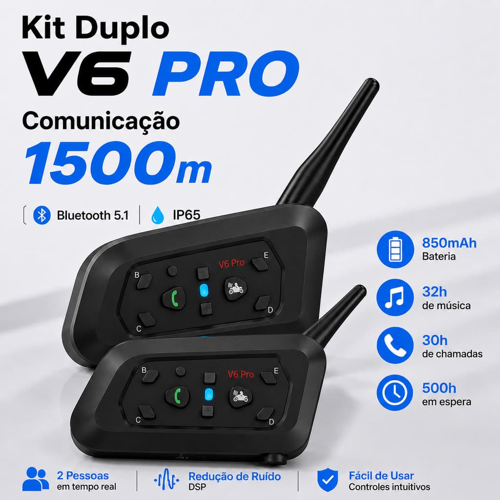 Kit 2 Intercomunicador Moto Capacete V6 Pro Bluetooth 1500m 6 Dispositivos À Prova D'água IP67 Fone DSP Motoboy Viagem