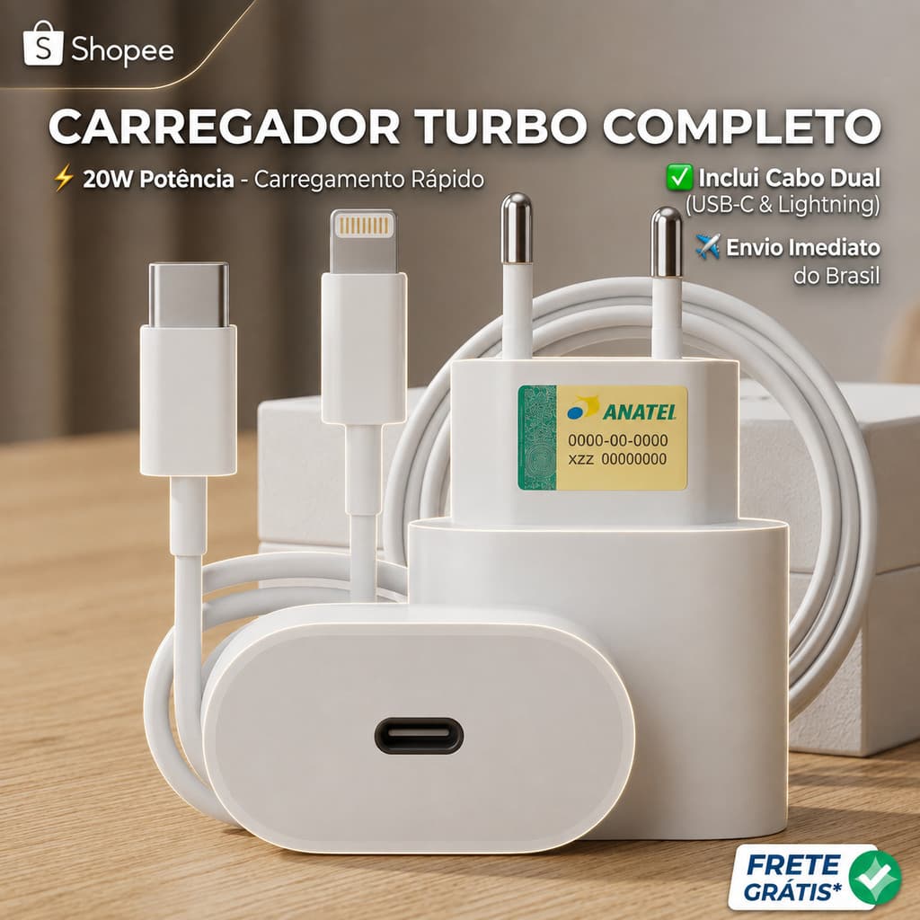 Kit Carregador Iphone Cabo e Fonte USB - C Lighthing 8 11 12 13 14