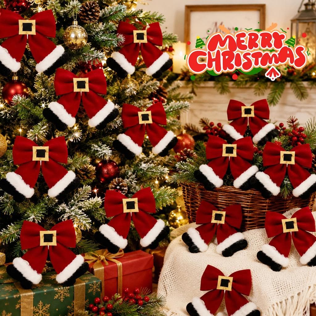 Decoração De Arco De Natal De Veludo Vermelho De Pelúcia 3D-Ornamento De Laço Reutilizável Com Borda Costurada E Trava D