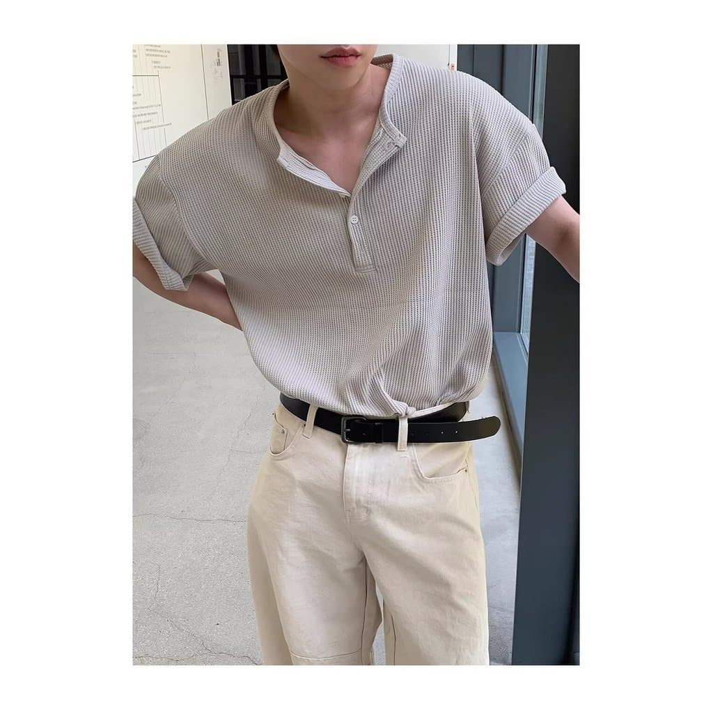 Americano Retro Waffle moletom muscular masculino textura solta manga curta camiseta bainha fenda camisa Henry de manga