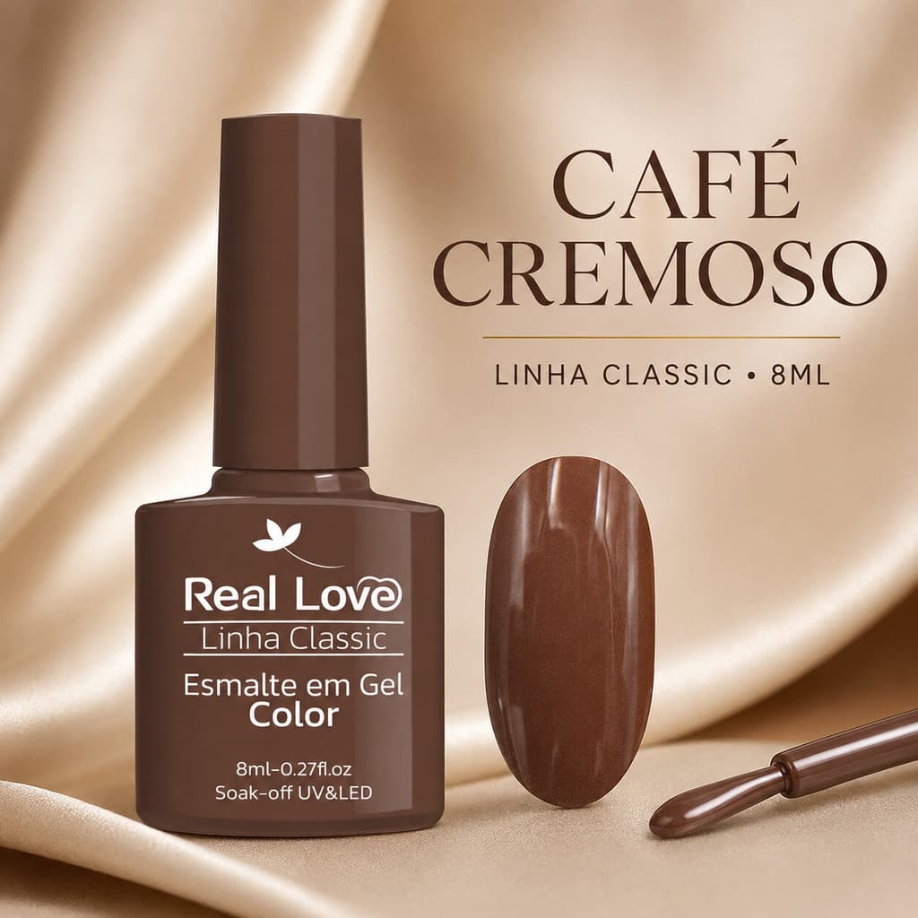 Esmalte em Gel Real Love Café Cremoso 8ml Linha Classic Pincel Língua de Gato