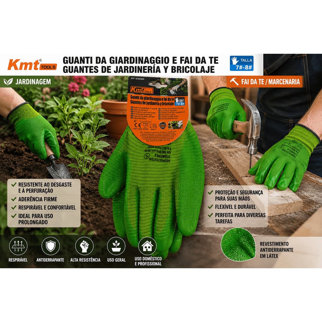 Luva KMT para Jardinagem e Uso Doméstico – Antiderrapante, Respirável e Durável p/ Trabalhos de Jardim e Casa