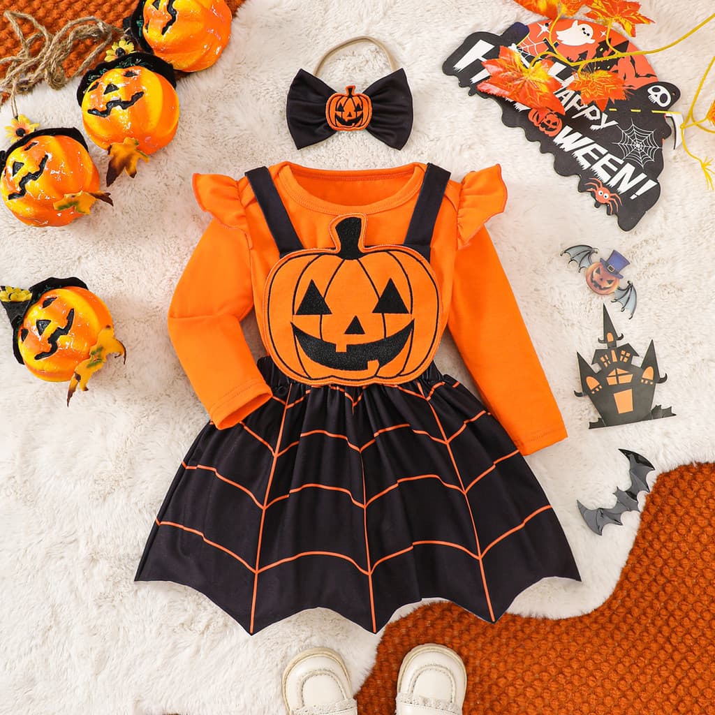 Halloween terno infantil 2024 outono novo estilo bebê menina manga comprida macacão abóbora aranha cinta saia terno de t