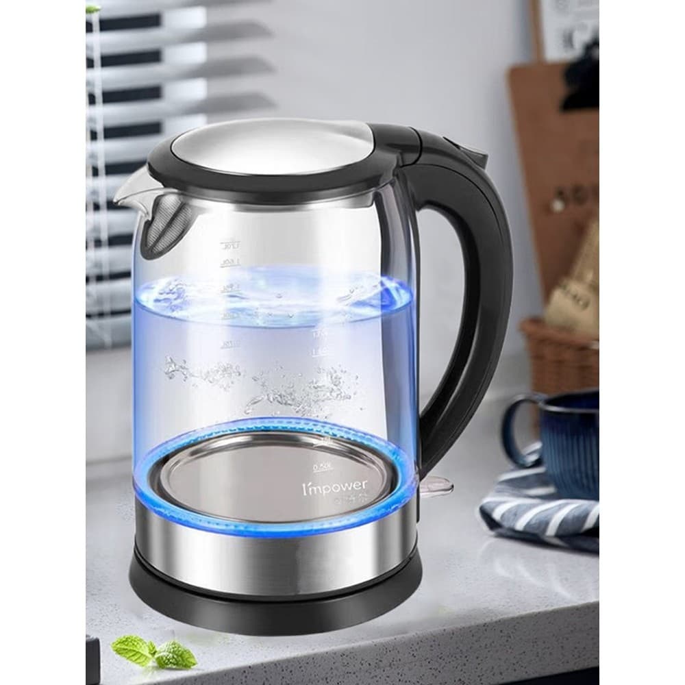 Anboer chaleira elétrica de vidro doméstico alto borosilicato luz azul exportada para a alemanha desligamento automático