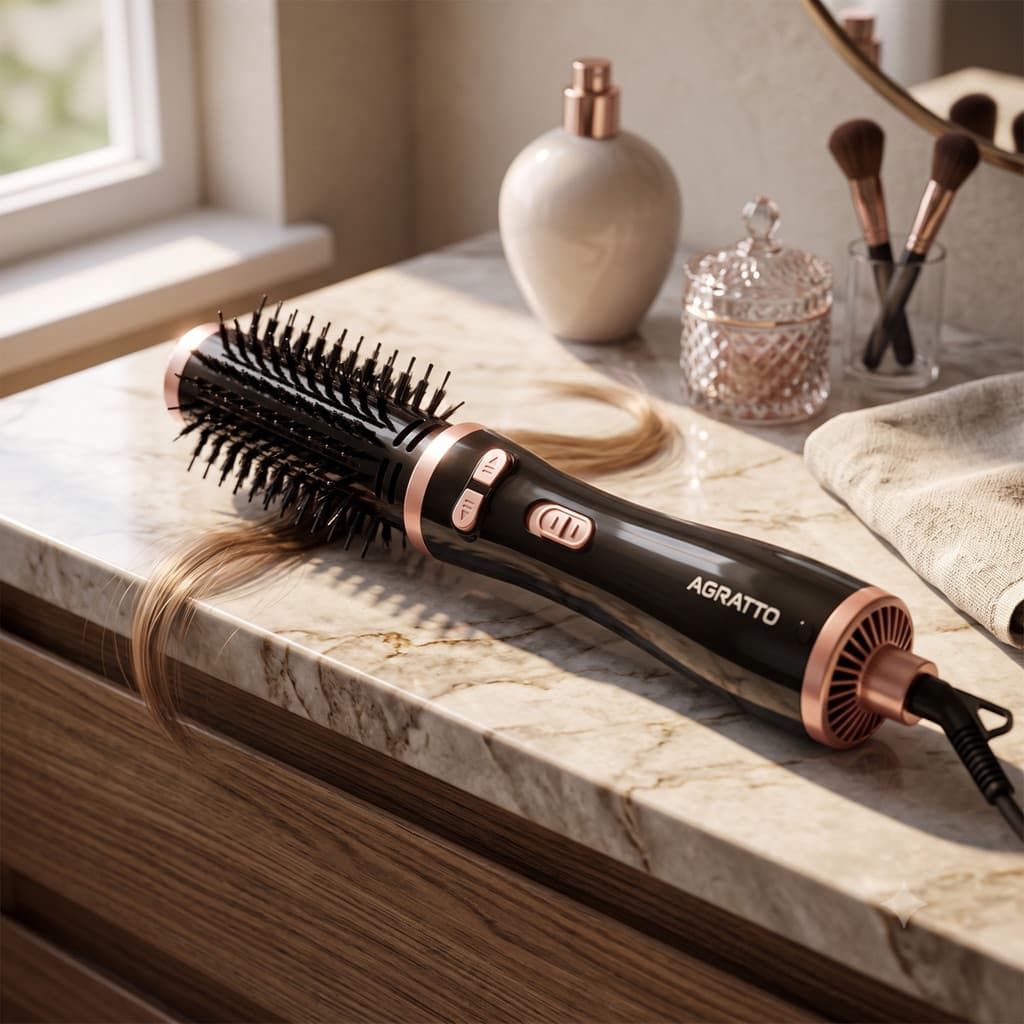 Escova de Cabelo Rotativa 6 em 1 Agratto Preta e Rosa Bivolt 1100w Progressiva Alisa Seca Modela