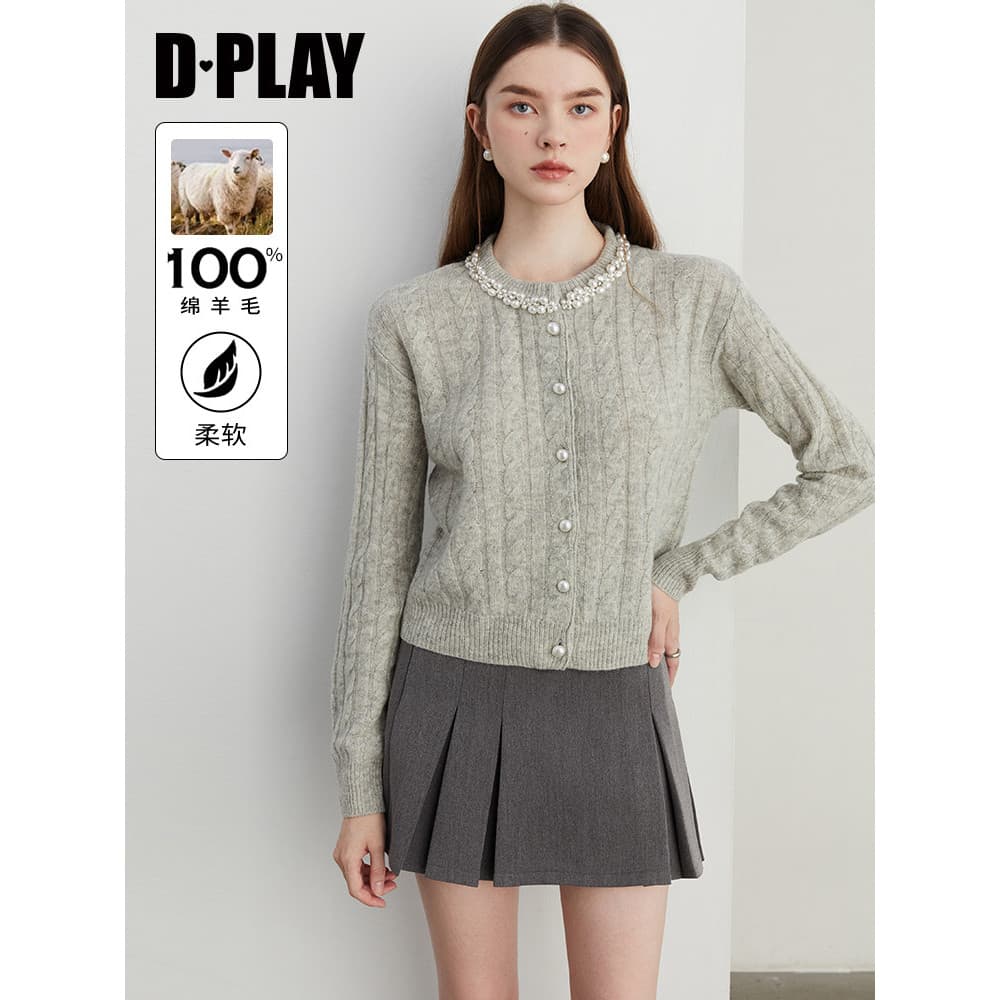 DPLAY2026 Outono 100 Lã Cinza Malha Cardigan Moda Elegante Suéter Feminino Malhas