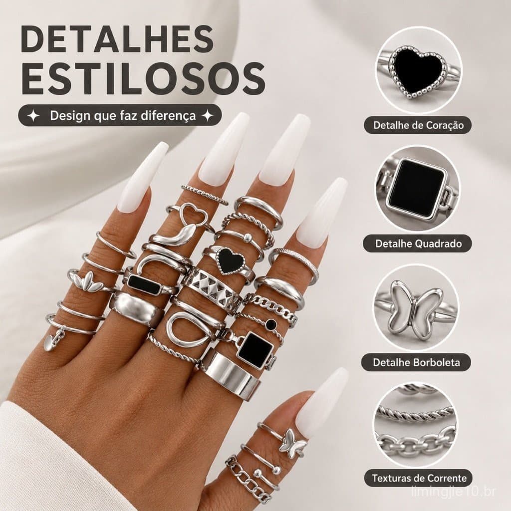 Conjunto de 27 Anéis Quadrados em Formato de Coração Feitos de Aço Inoxidável Resistente ao Desbotamento Joias Femininas