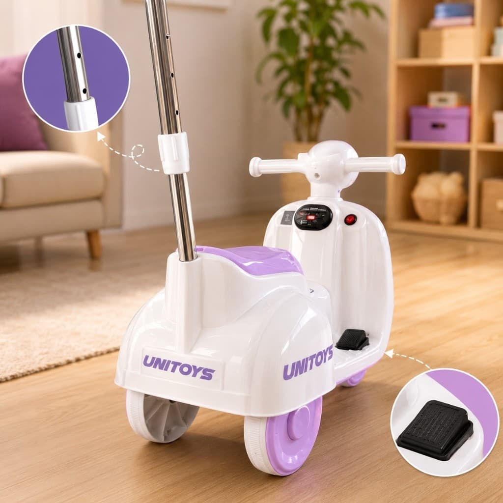 Moto Eletrica Infantil Lilas com Empurrador Facil Controle Diversao Segura