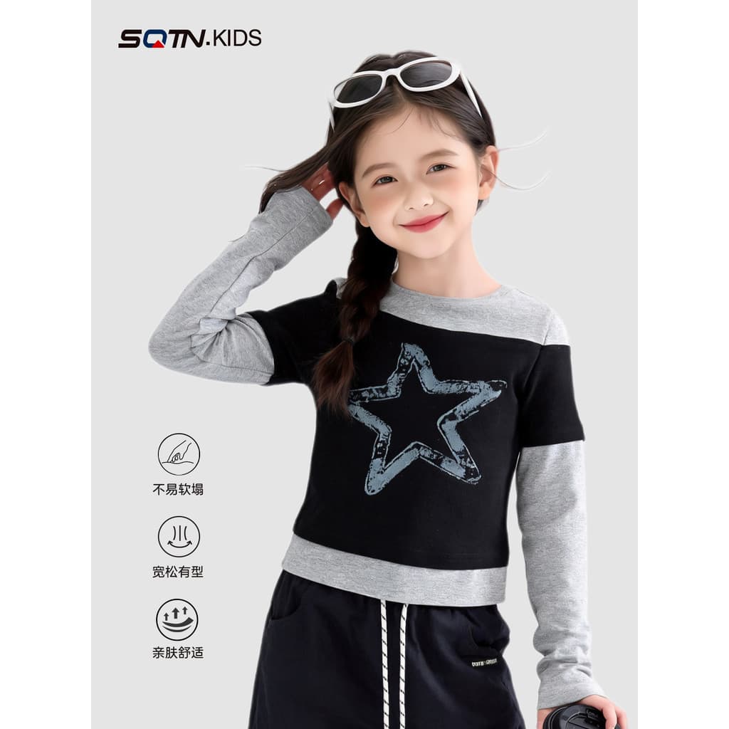 Meninas de manga comprida camiseta 2026 outono novo estilo infantil falso camisa de fundo de duas peças meninas primaver