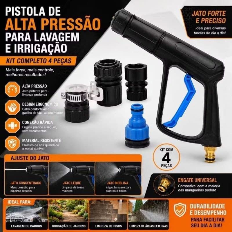 Pistola para Mangueira com Esguicho Regulável Alta Pressão Lavagem Automotiva e Jardim