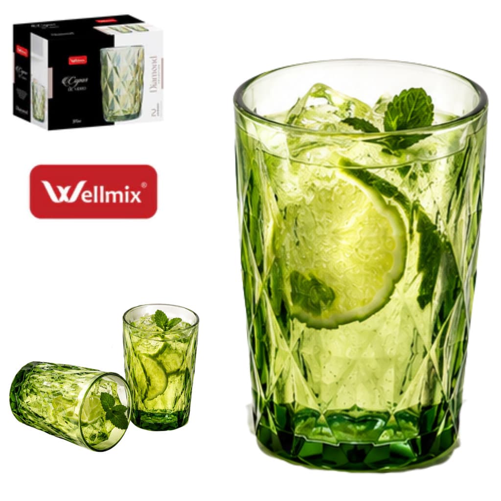 Kit 6 Copo Para Água Vidro Diamante Verde Copos Diamantados Diamond 370ml Esmeralda Jogo Peças Colorido Suco E Drink C/6