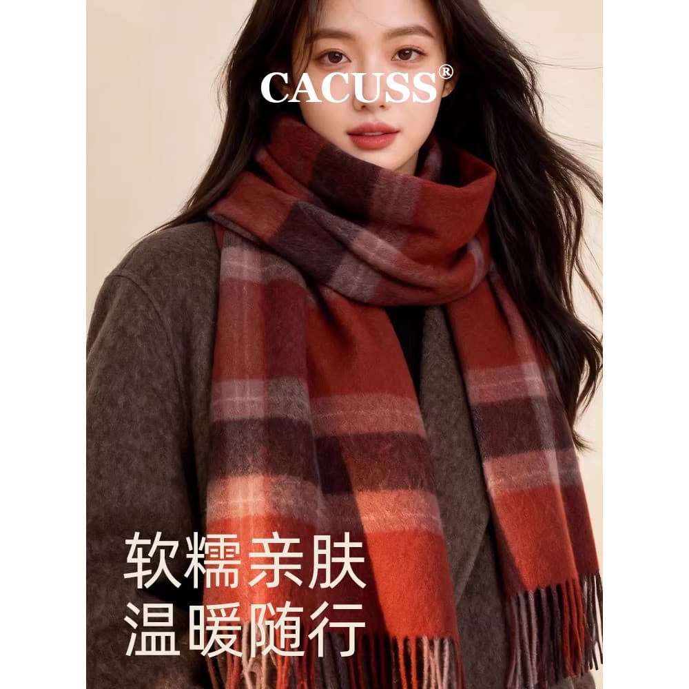 CACUSS Lenço de lã pura feminino outono inverno estilo natal xadrez contraste cor casal babador quente ano novo xale ver