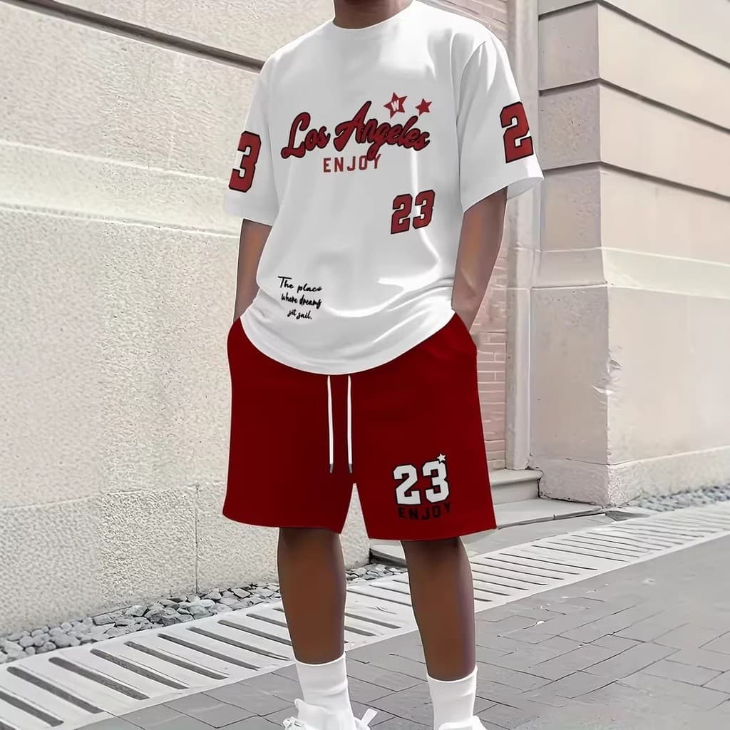 Conjunto de shorts número 23, nova moda digital de verão para homens com camiseta de manga curta estampada.