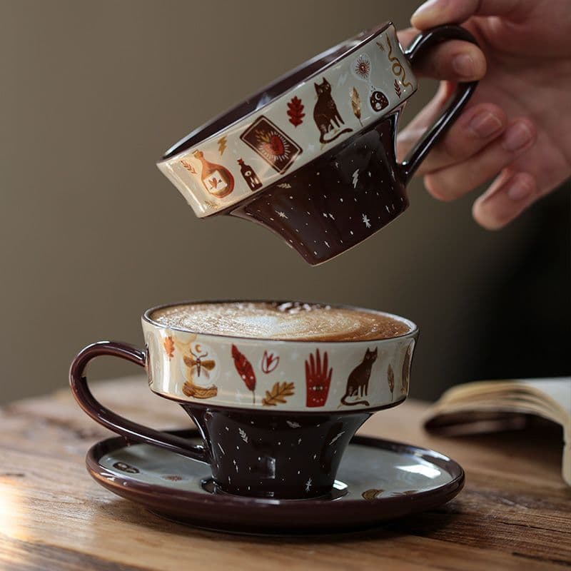Quando o café encontra o gato magia Retro mistério cerâmica xícara de café único lindo conjunto de pires