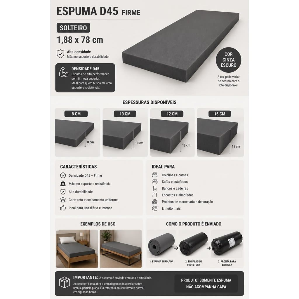 Espuma Densidade 45 firme Vários tamanho Solteiro 1,88 x 78 -10,12 e 15 cm Colchões, camping e sofas
