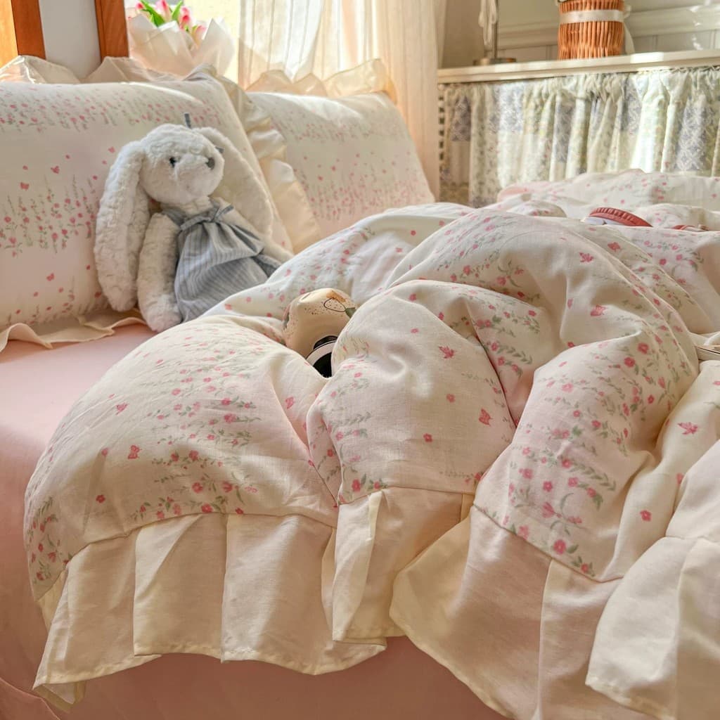 Estilo coreano rosa cereja muitas meninas coração puro algodão fio duplo renda conjunto de quatro peças novo dormitório