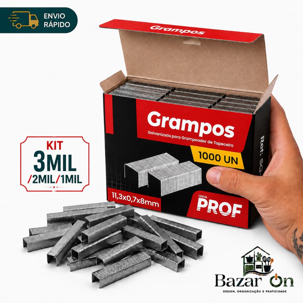 Kit 3/2/1mil Grampos Para Tapeceiro Grampeador Estofado Sofá 11,3x8mm Profissional Galvanizado