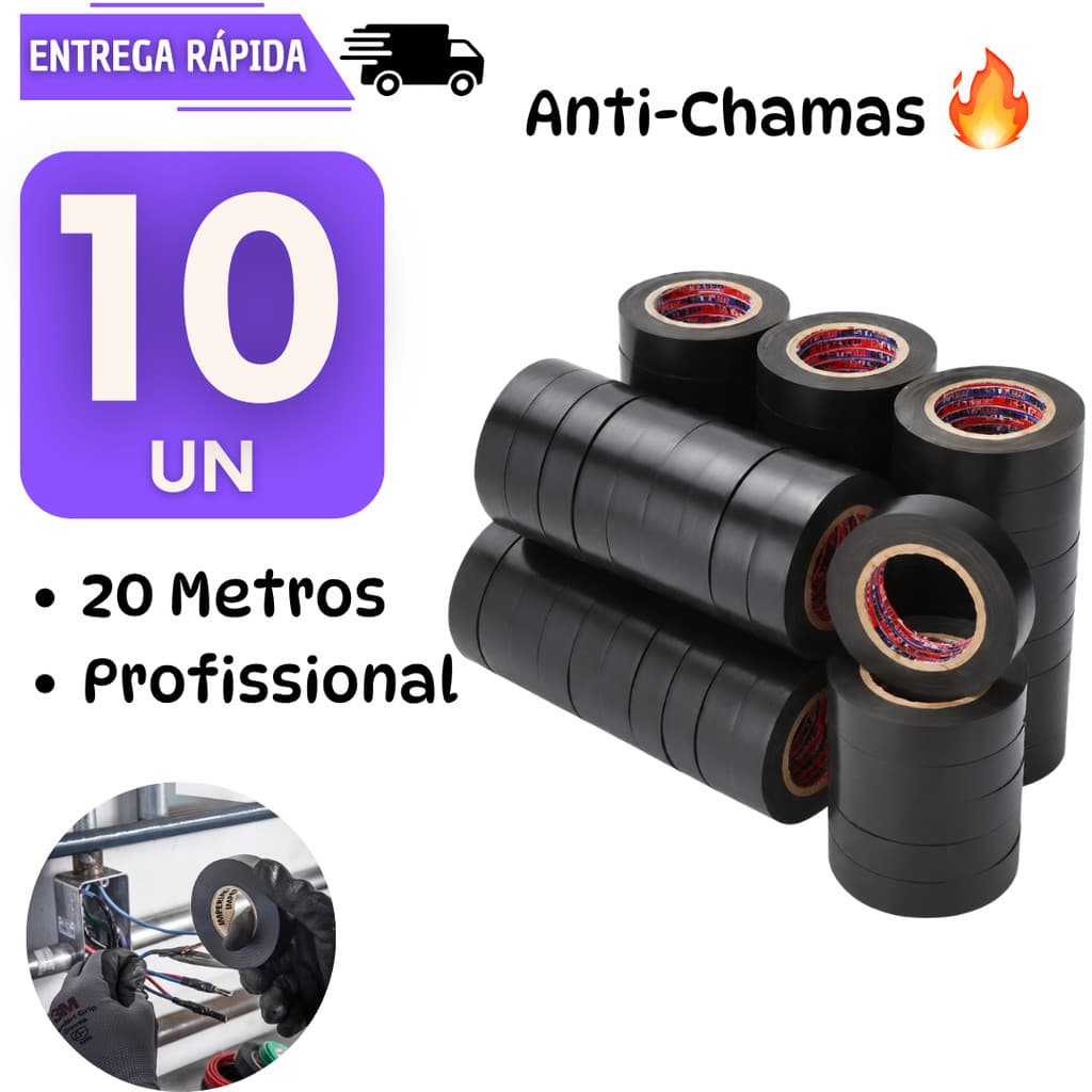 10 Fita Isolante Preta 20 metros Antichama Instalação Elétrica Alta Resistência Profissional Fitas Silver Cabos e Fios