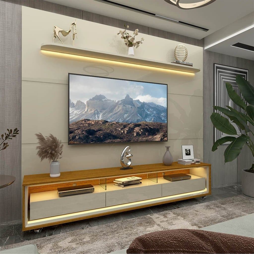 Rack com Painel para TV até 90 Polegadas 100% MDF com LED 219CMX240CM 3 Gavetas com Rodízios Royal Requinte Yescasa