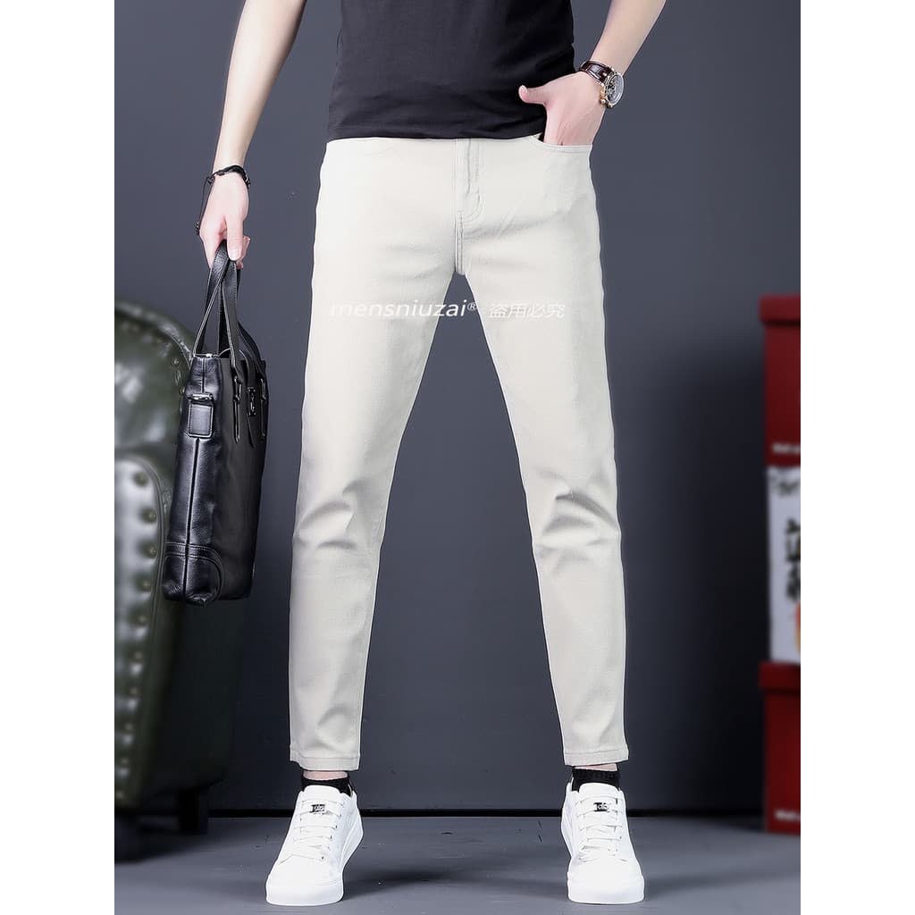 Verão novo estilo de negócios calças de brim masculinas fino-ajuste damasco calças casuais masculinas calças magras esti