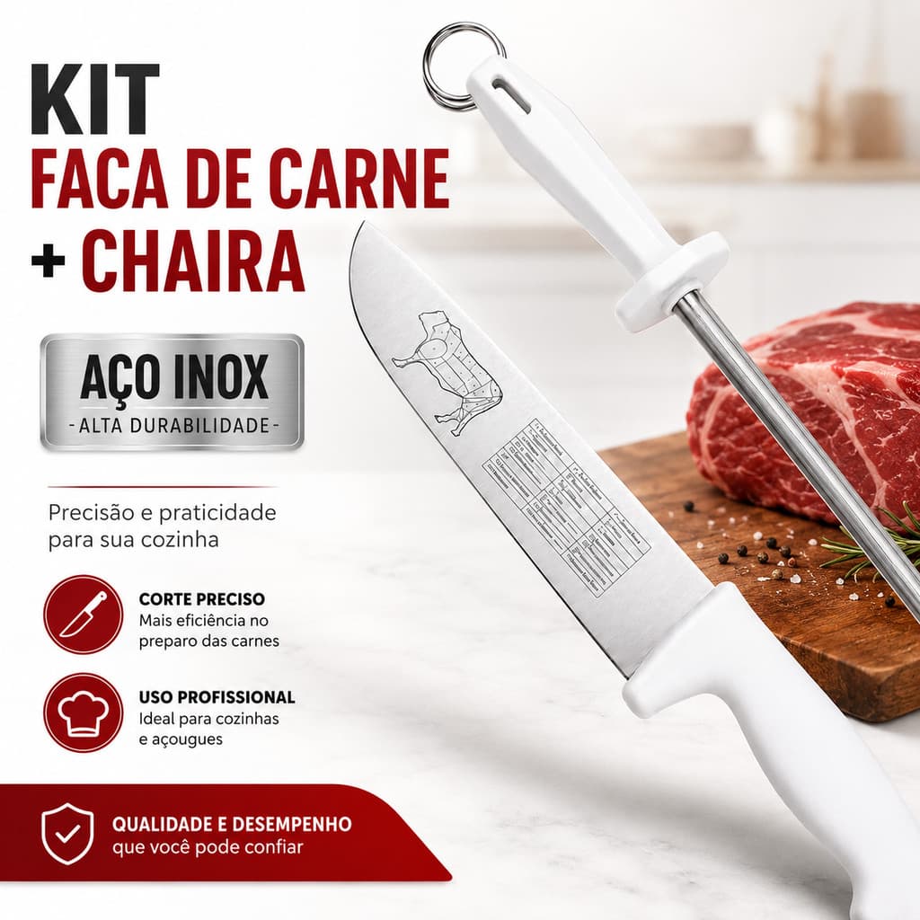Kit Faca de Churrasco 10” + Chaira 10” Profissional para Açougue Carnes Cabo Branco Afiador Amolador