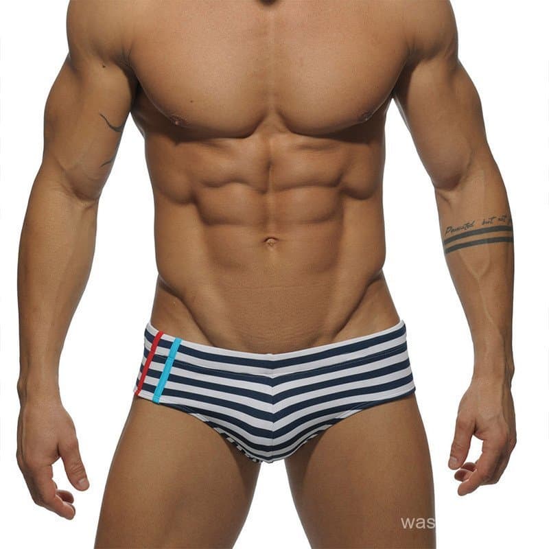Calção de banho masculino com listras triangulares, cintura baixa, estilo marinho, confortável, tecido de poliéster, Sli