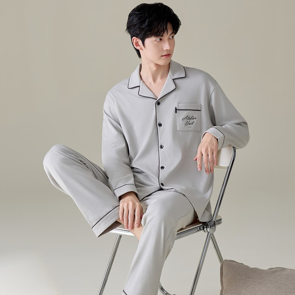 Pijamas de algodão puro masculino 100% algodão Loungewear terno masculino algodão calças de manga comprida solto respirá