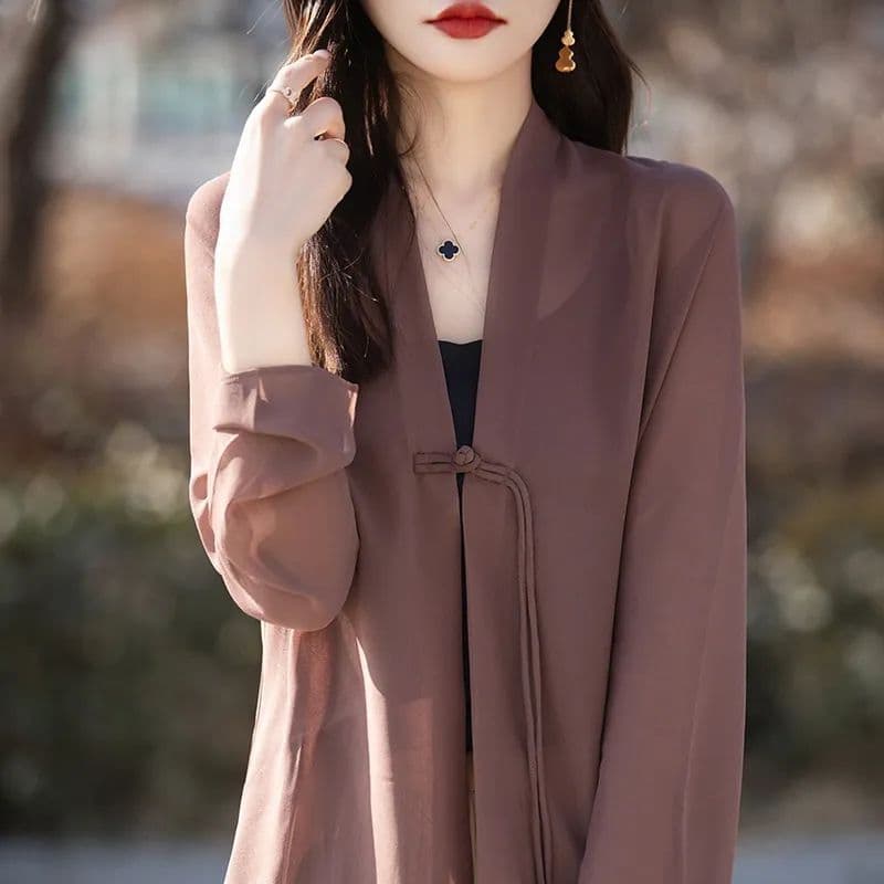 Novo estilo chinês estilo chinês fivela protetor solar roupas femininas camisa de Chiffon verão estilo fino ligeiramente