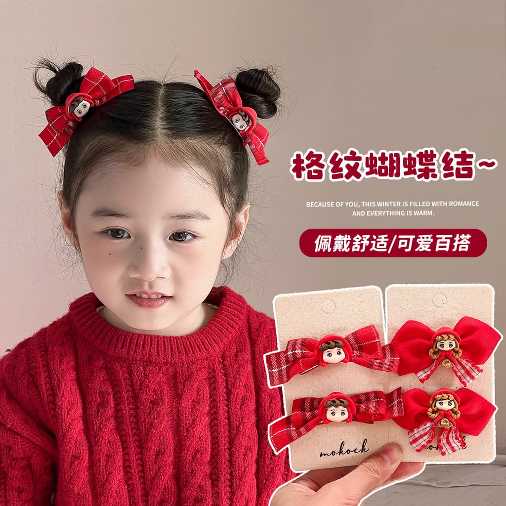 Crianças ano novo vermelho xadrez arco grampo de cabelo meninas bonito dos desenhos animados bebê cocar