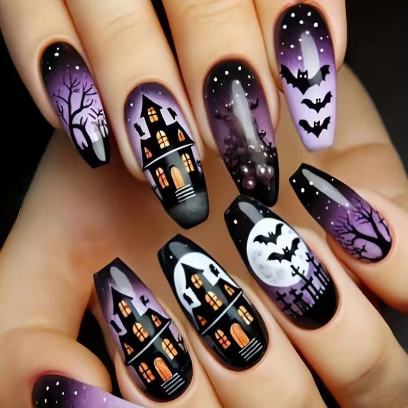Prego vestível de amêndoa de comprimento médio para Halloween, roxo, preto, gradiente, casa assombrada, castelo, morcego