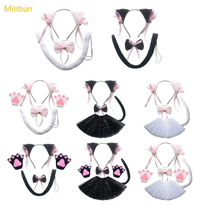Minbun Feminino Gatos Orelha Hairband Animação Festa Adereços Roleplay Traje Cocar Conjunto