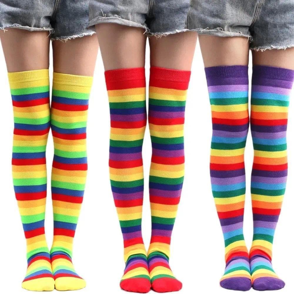 Mulheres Meninas Fantasia Arco-Íris Listras Coloridas Sobre O Joelho Meias Longas Halloween Cosplay Traje De Malha Estir