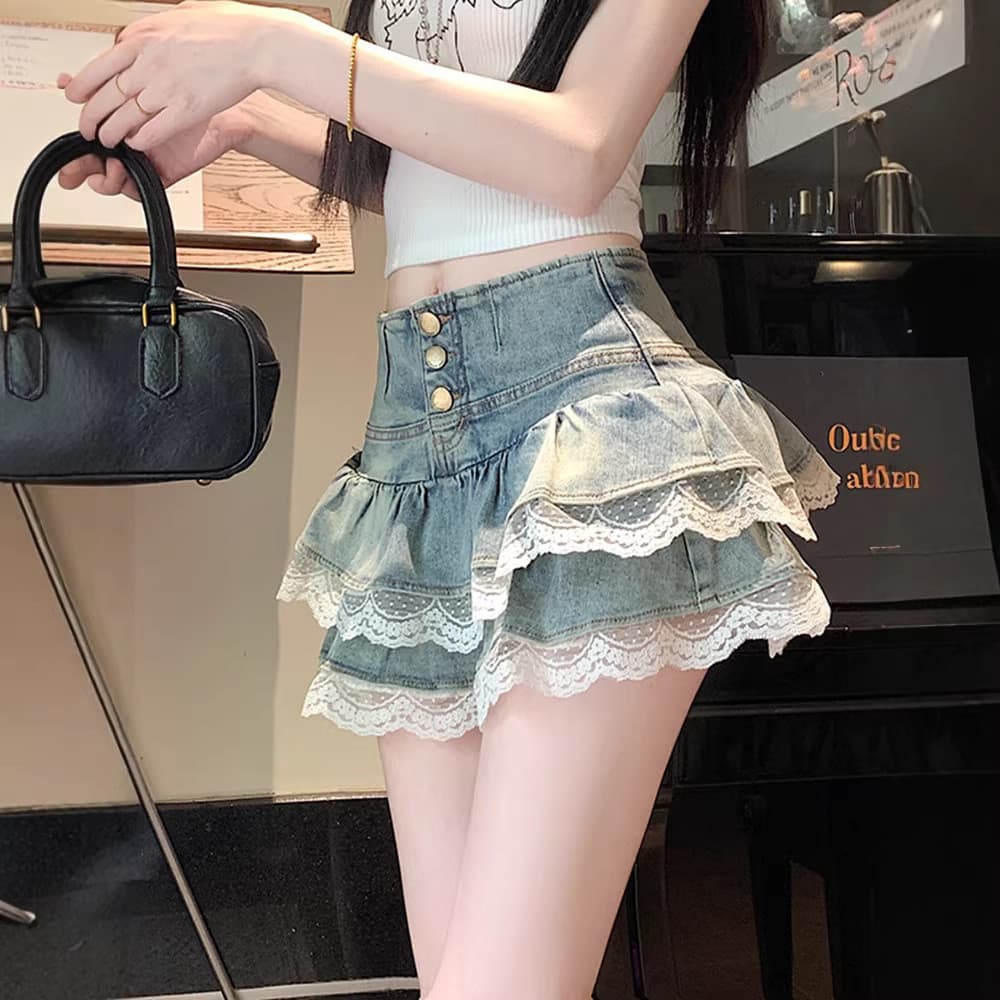 Saia jeans feminina para o verão, saia-calça estilo bailarina, saia tulipa em camadas, saia guarda-chuva de renda em cor