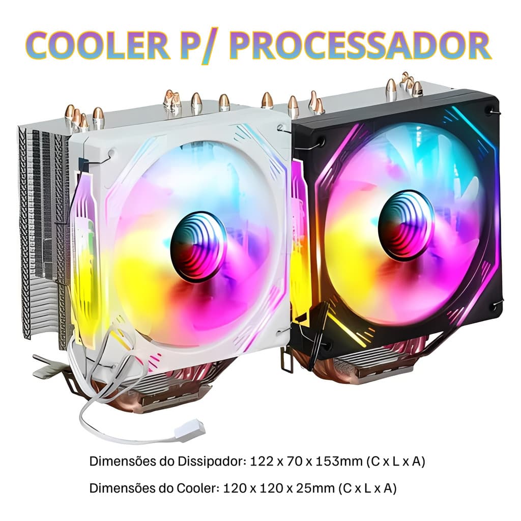 Cooler para Processador Revenger Hidráulico Cooler Fan CPU 4 Heatpipes LED RGB 3 Pinos Ventoinha 120mm Multi Intel AMD