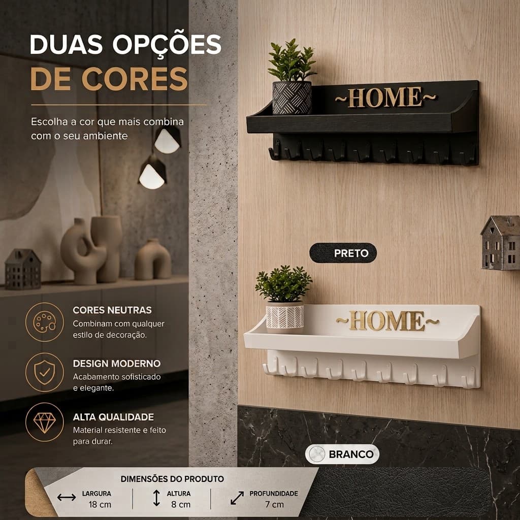 Porta Chaves De Parede HOME Com Prateleira Organizador Decorativo Ganchos Preto Branco