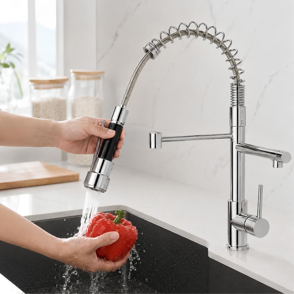 Torneira de Cozinha Gourmet Monocomando Dupla Saída com Mola Cromada Luxo