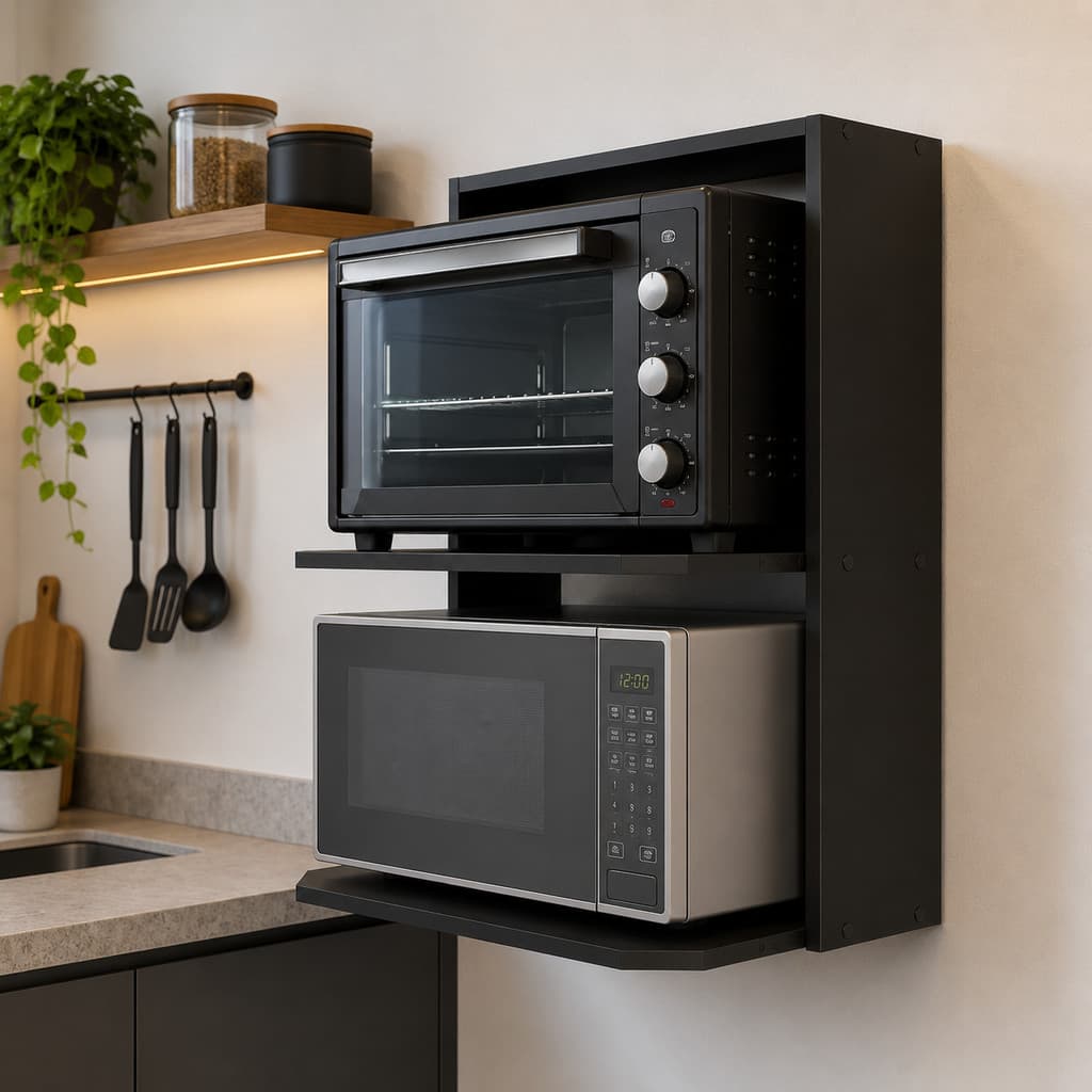 Estacao Suspensa Para Microondas Forno Eletrico E Air Fryer Com Suporte MDF Nas Cores Branca E Preta